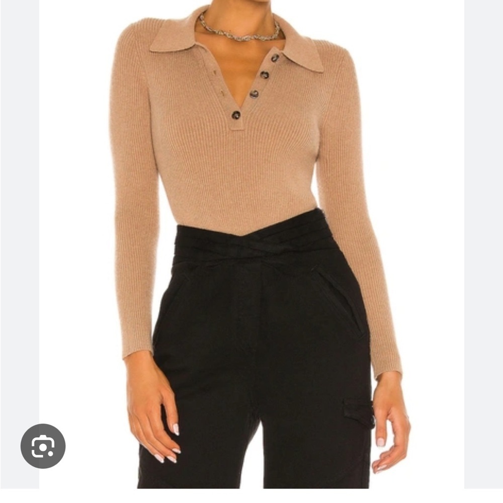 One Grey Day Tan Ribbed Knit Polo Sweater Size S Collared V-Neck Button Front